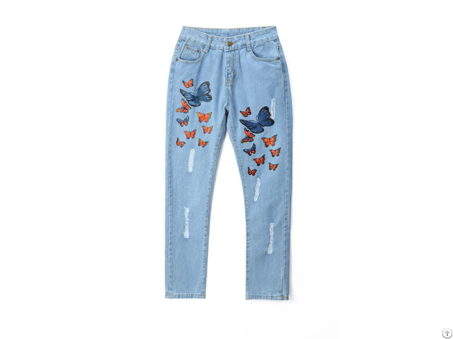 Hot Sale Rubber Print Hand Brush New Pattern Latest Design Jeans Pants For Girls