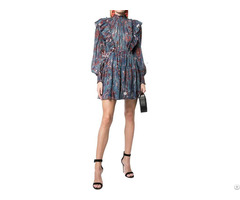 Long Sleeve Layers Of Frills Blue Floral Print Ruffle Dress Mini Women