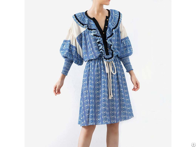 Fashion Vintage Print Summer Dress Women Lantern Sleeve