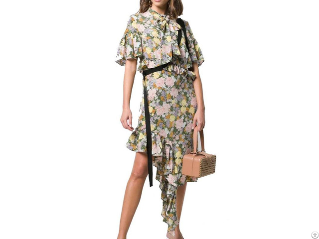 Ruffle Sleeve Asymmetrical Hem Flounce Floral Printed Midi Shirt Dress With Button