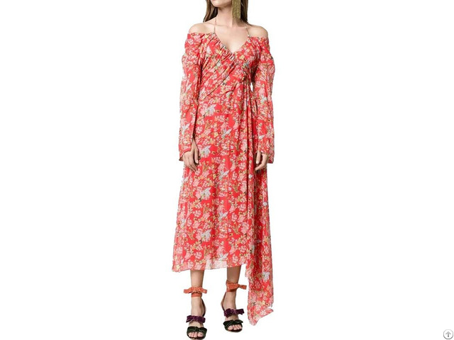 Custom Silk Asymmetrical Hem Floral Print Off The Shoulder Maxi Dress