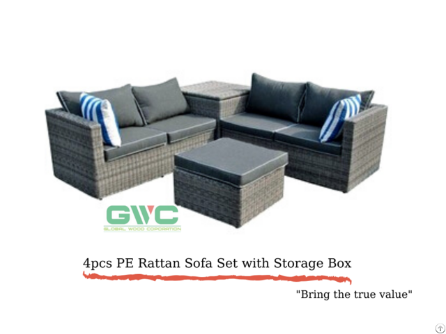 Four Pieces Pe Rattan Sofa Set With Storage Box