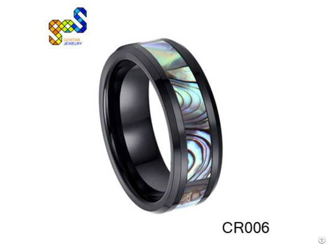 Black Ceramic Ring With Abalone Shell Polished Shiny And Beveled Edges