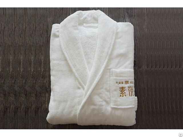 Shawl Collar Bathrobe 100 Percent Cotton White Robe With Embroidery