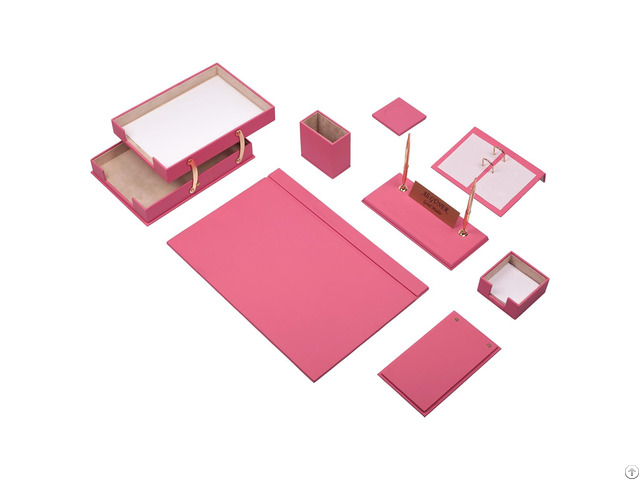 Luxury Leather Pink Desk Set For Women 10 Accessories