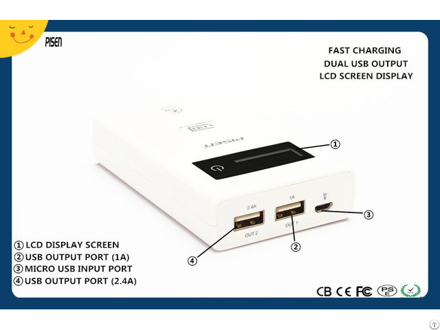 Pisen Power Bank 7500mah Lcd Screen Display Dual Usb Output Cb Ce Fcc Pse Rohs Certificate