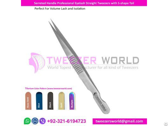 Serrated Handle Professional Eyelash Straight Tweezers With S Shape Tail