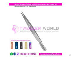 Serrated Handle Professional Eyelash Straight Tweezers With S Shape Tail