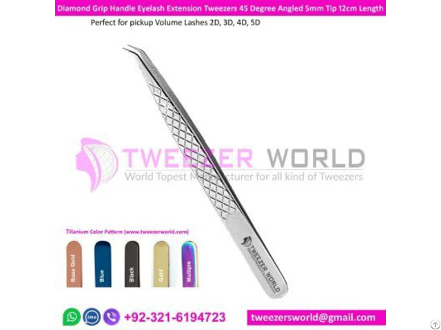 Diamond Grip Handle Eyelash Extension Tweezers 45 Degree Angled 5mm Tip 12cm Length