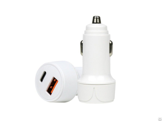 White Dual Car Charger With Type C 20w And Usb A Port 12w