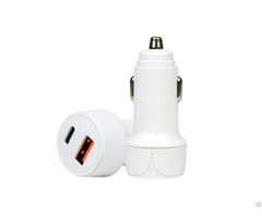 White Dual Car Charger With Type C 20w And Usb A Port 12w