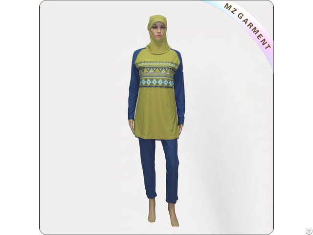 Blue Long Sleeve Muslim Swimwear With Yellow Printing