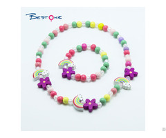 Girls Flower Wood Bracelet Necklace Set