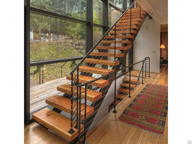 Wood Treads Straight Stair Double Stringer Glass Railing Stairway