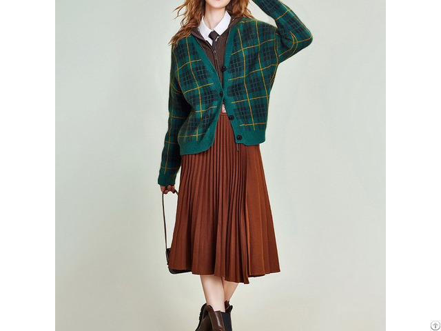 Women's V-neck Classic Buckle Plaid Stripe Women's Knitted Cardigan Sweater