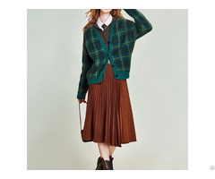 Women's V-neck Classic Buckle Plaid Stripe Women's Knitted Cardigan Sweater