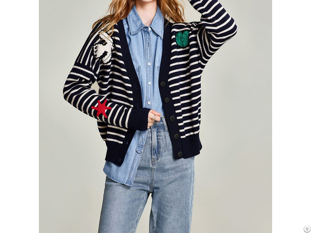 Cartoon Pattern Embroidered Stripe Women S Knitted Cardigan Cute Sweater Jacket