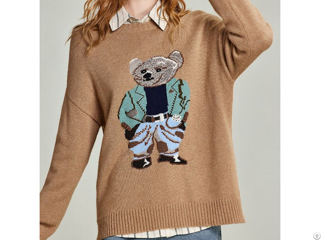 Little Bear Pattern Round Neck Knitted Sweater Women S Casual Loose Bottom Pullover