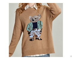 Little Bear Pattern Round Neck Knitted Sweater Women S Casual Loose Bottom Pullover