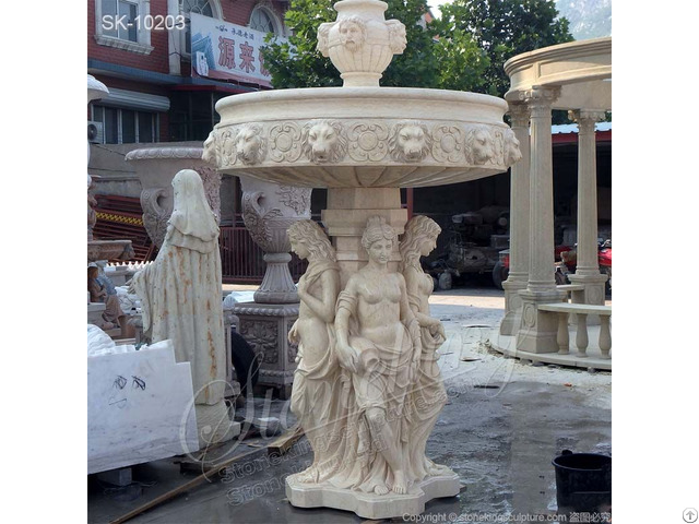 Stunning Egyptian Beige Marble Water Fountain With Greek Woman Sculptures For Outdoor Garden