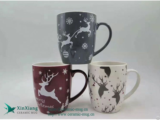 Customized 11oz Wide Mouth Christmas Ceramic Coffee Mug With Elk Pattern