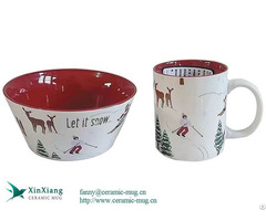 Customized Red Christmas Ceramic Bowl And Coffee Mug Set Factory