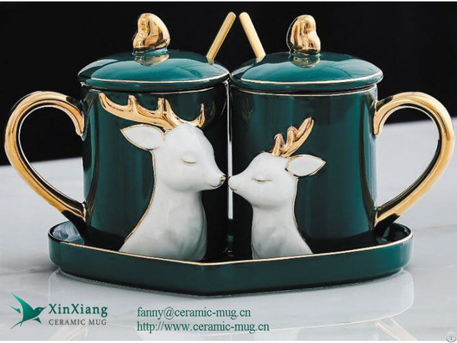 Custom European Luxury 3d Elk Ceramic Coffee Mug Set