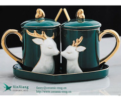 Custom European Luxury 3d Elk Ceramic Coffee Mug Set