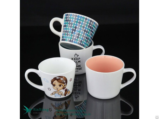 White Wide Mouth Printed Ceramic Coffee Mugs