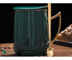 Peacock Green Creative Ceramic Mugs With Crescent Handle Lid Spoon