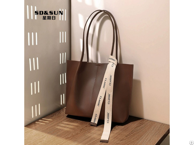 Wholesale Solid Color Large Capacity Genuine Leather Women S Tote Bag