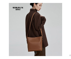 Factory Luxury Solid Color Genuine Cowhide Leather Bucket Shoulder Messenger Bag For Women