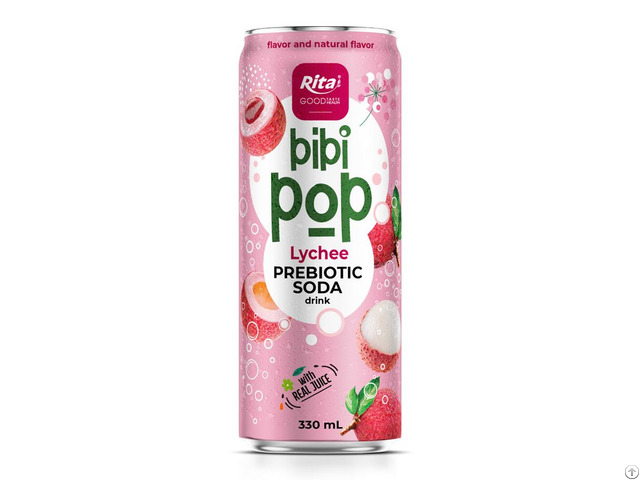 Bibi Pop Prebiotic Soda Drink With Real Lychee Juice 330ml Sleek Can