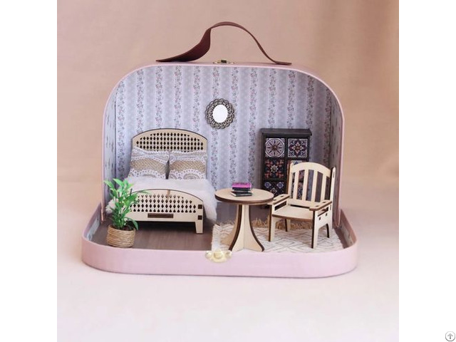Dollhouse In Suitcase With Wooden Bedroom Dollhouse In Suitcase With Wooden Bedroom