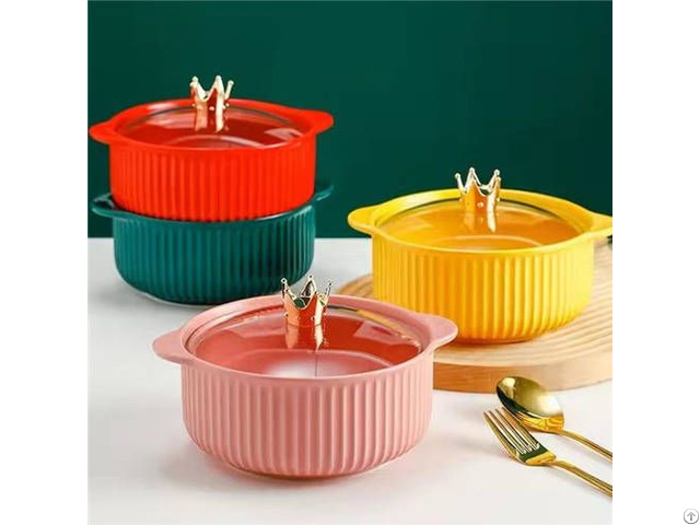 Custom Microwave Ceramic Soup Bowl With Handle And Lid