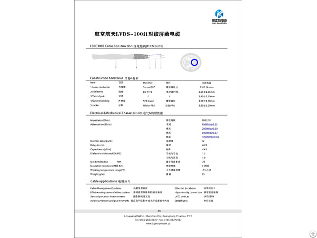 Lsrc3005 Aerosapce Lvds 100 Ohm Twisted Shielded High Speed Data Cable