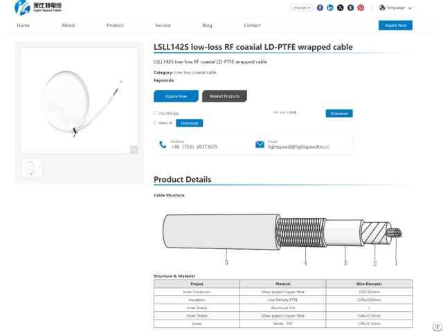 Lsll142s Low Loss Rf Coaxial Ld Ptfe Wrapped Cable