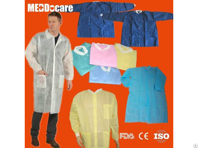 Non Woven Disposable Knitted Collar Press Button Velcro Pockets Lab Coats