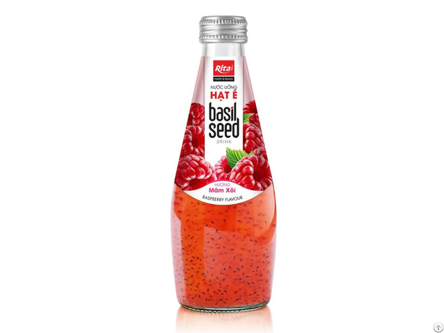 Fresh 290ml Glass Bottle Basil Seed Drink With Raspberry Flavor
