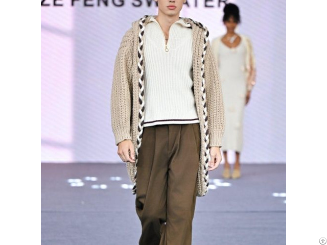 Men’s Beige Long Hooded Knit Cardigan