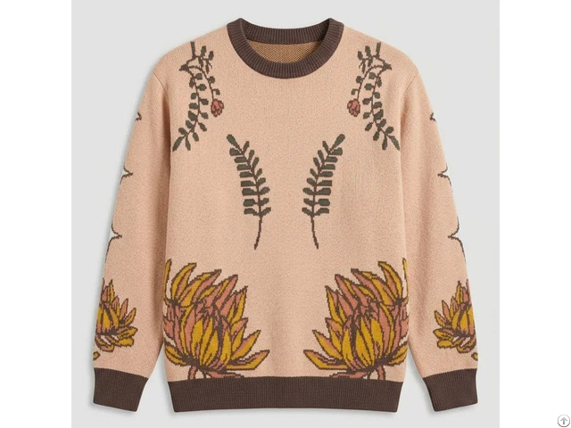 Men Vintage Botanical Protea Jacquard Crew Neck Sweater