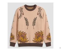 Men Vintage Botanical Protea Jacquard Crew Neck Sweater