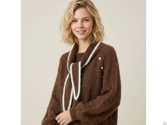 Women’s Mohair Blend Sweater With Scarf Neck Rhinestone Accent Brown Fuzzy Knit Top