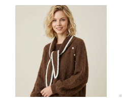 Women’s Mohair Blend Sweater With Scarf Neck Rhinestone Accent Brown Fuzzy Knit Top