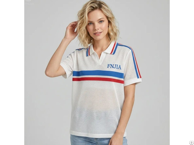 Unisex White Base Red Blue Striped 100% Polyester Mesh Polo Sports Jersey