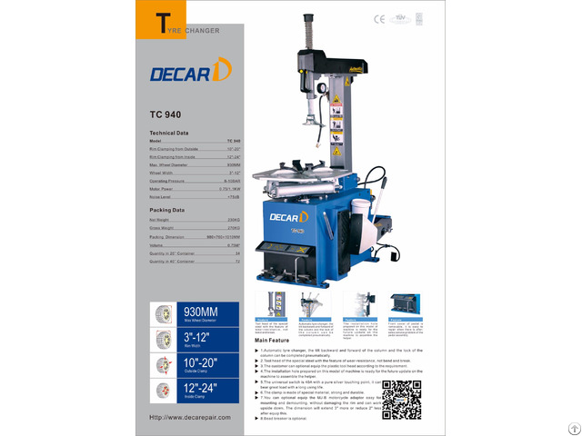 Tc940 Automatic Tilting Post Vehicle Used Tire Changer Machine