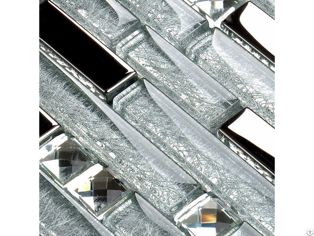 Metal Diamond Glass Mosaic Wall Silver Stainless Steel Backsplash Glossy Clear Crystal Tile