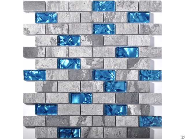 Ocean Blue Glass Tile Backsplash Grey Marble Mosaic Wave Patterns 1 Inch X 2 Inch Subway Brick Wall