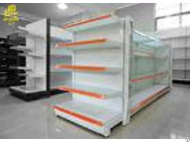 White Color Supermarket Steel Racks Glass Shelf Adversiting Upright