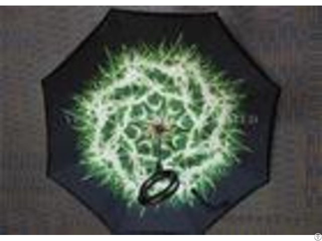 Green C Shape Handle Reverse Folding Umbrella That Open Inside Out Fiberglass Frame